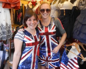 Carly Ledbetter and her friend dressed in Union Jack T-shirts for Jubilee Weekend in London.